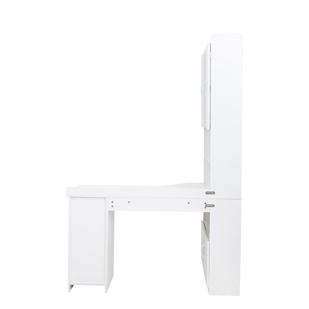 White L Shaped Corner Computer Desk with Bookshelf and Drawer V61560