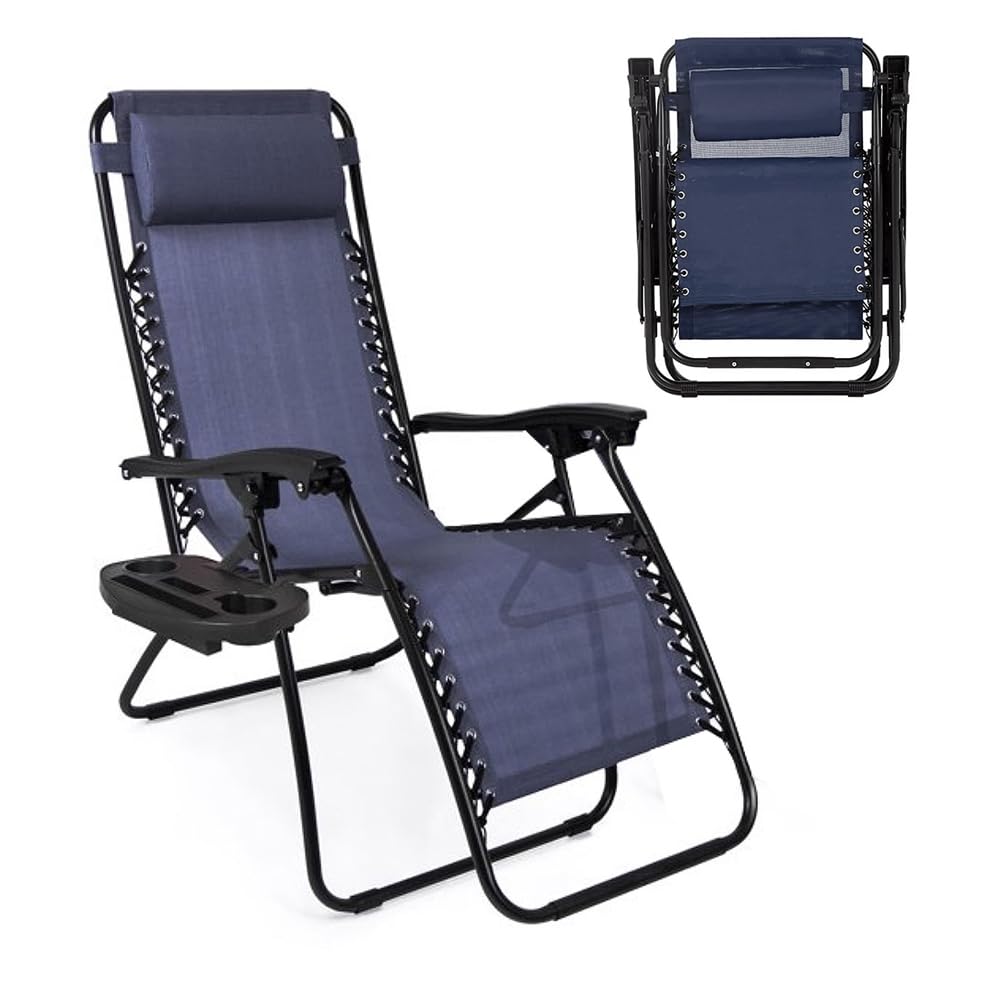 NavyBlue Adjustable Folding Zero Gravity Lounge Chair with Pillow and Cup Holder F5366