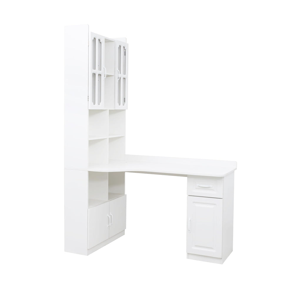 White L Shaped Corner Computer Desk with Bookshelf and Drawer V61560