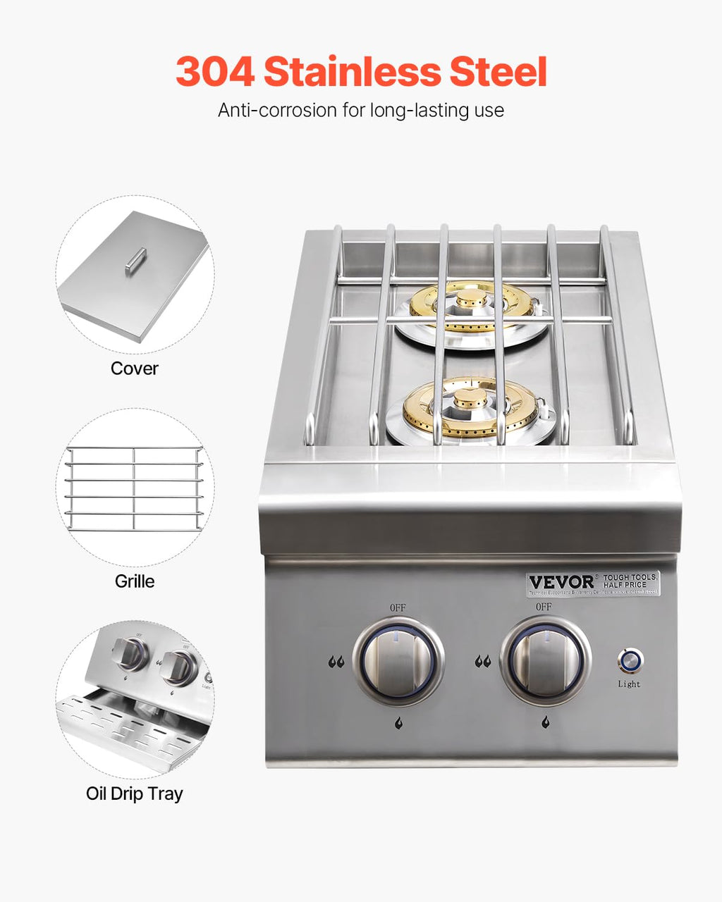 Double Side Burners, 2 x 17,000BTU Liquid Propane, Convertible to Natural Gas, 304 Stainless Steel Built-in G8983