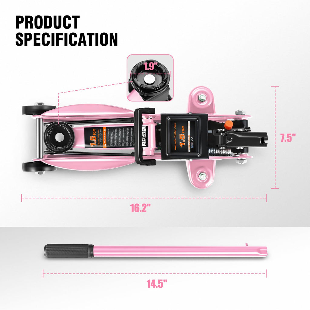 Low Profile Hydraulic Trolley Floor Jack 1.5 Ton Pink M25931