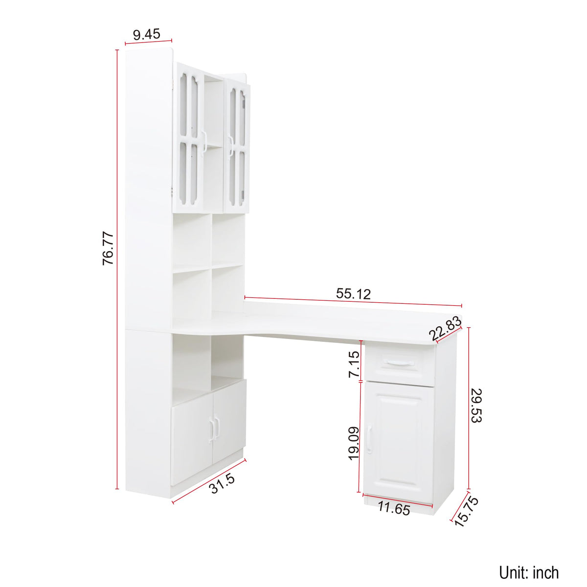 White L Shaped Corner Computer Desk with Bookshelf and Drawer V61560
