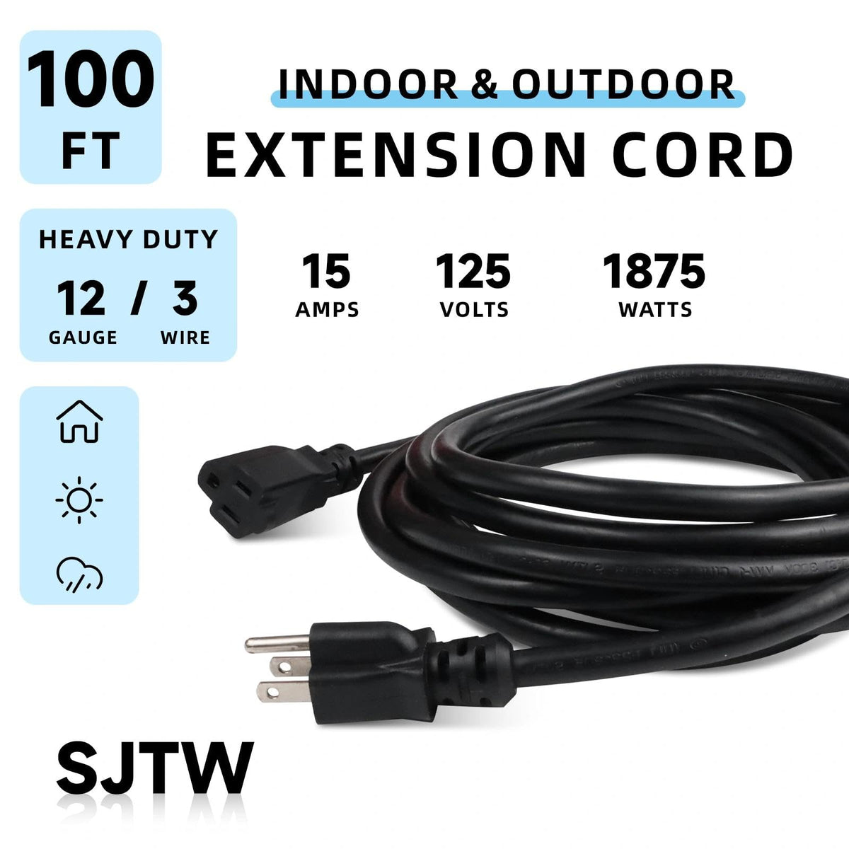 100 Ft Heavy Duty Outdoor Extension Cord, 12/3 SJTW Black 3-Prong F125