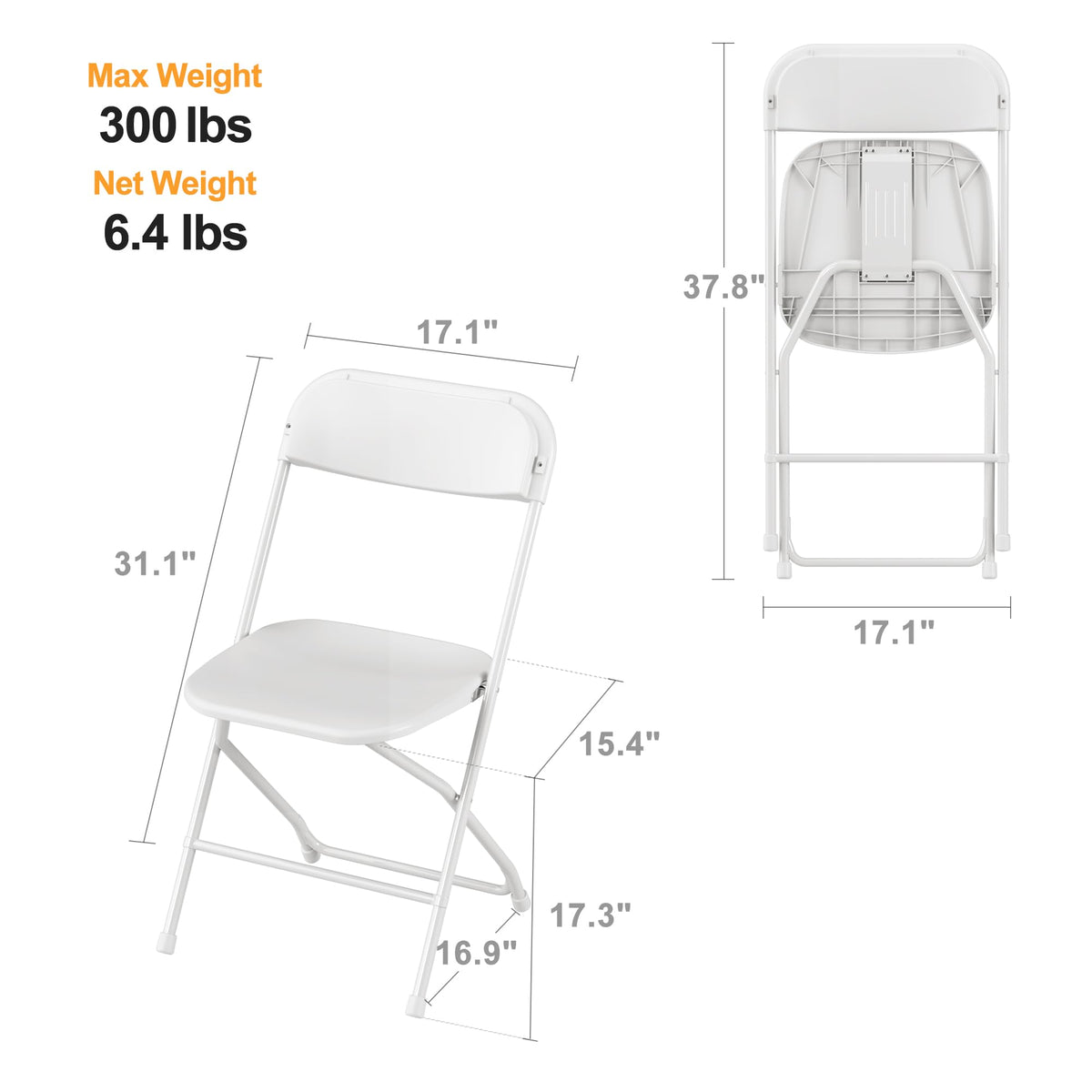6 Pack White Plastic Folding Chair with Steel Frame X19818
