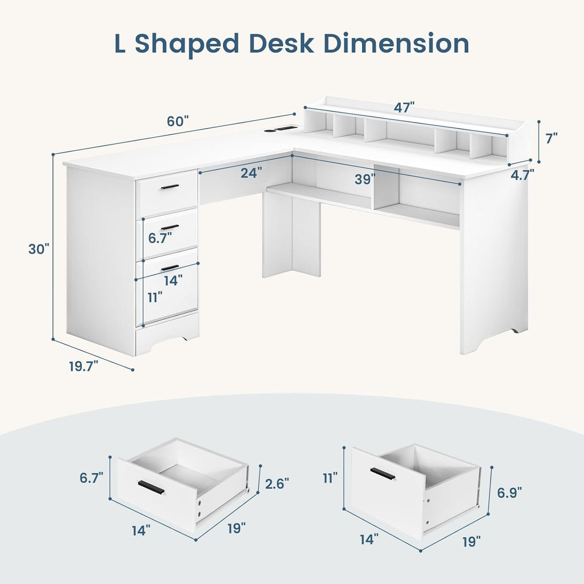 60" White L Shaped Desk with File Drawers I2730
