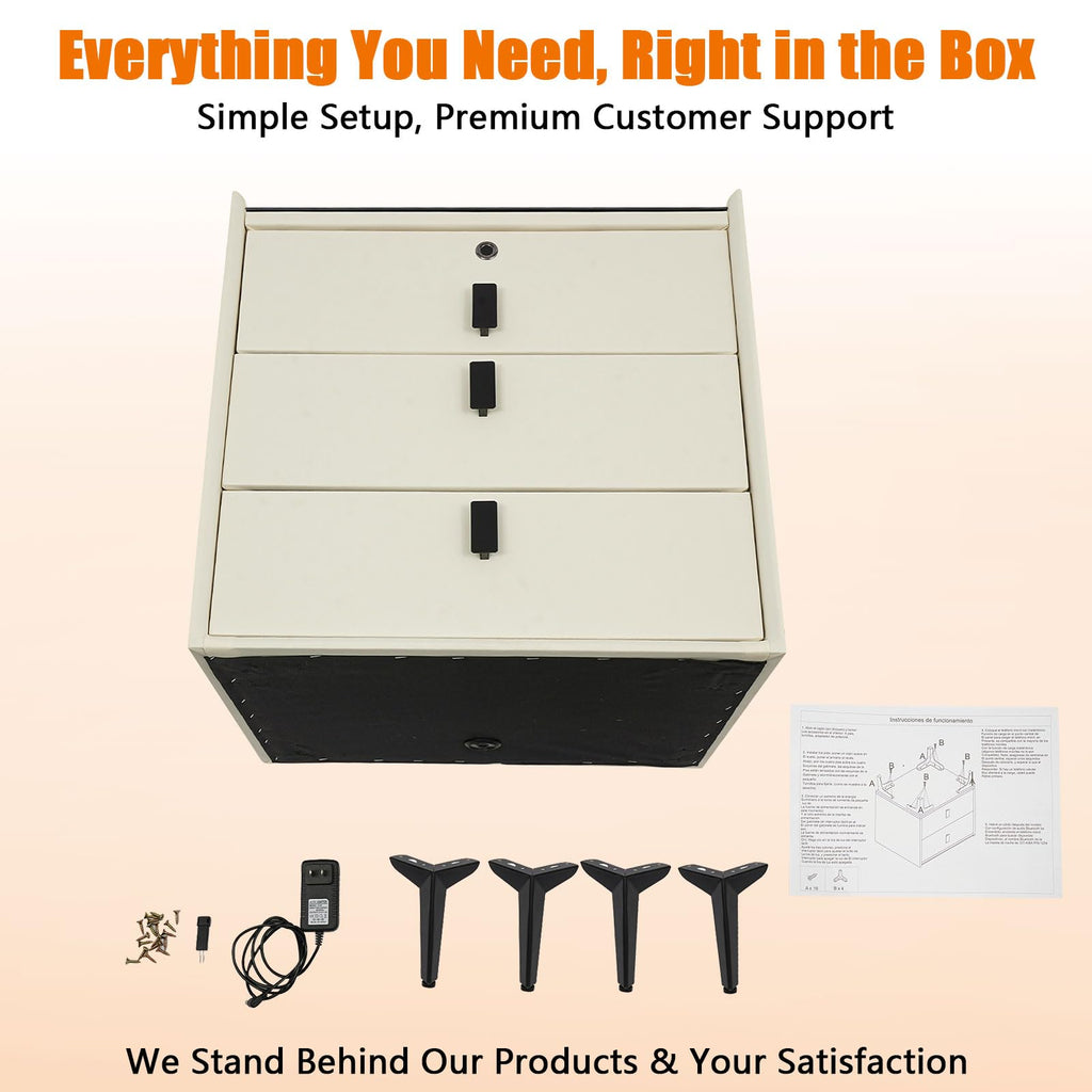 Beige White Smart LED Nightstand with USB Charging E445