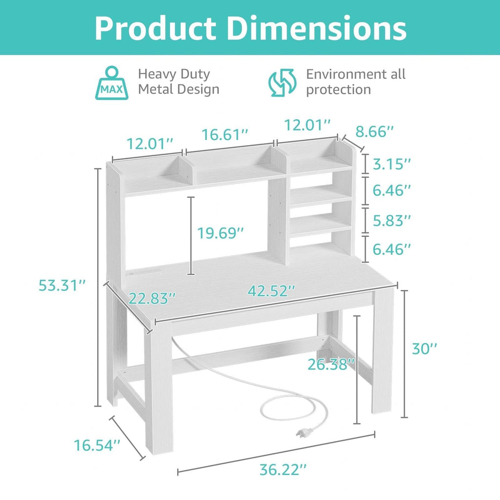 White Student Desk with Hutch and Built-in Power Outlet M550