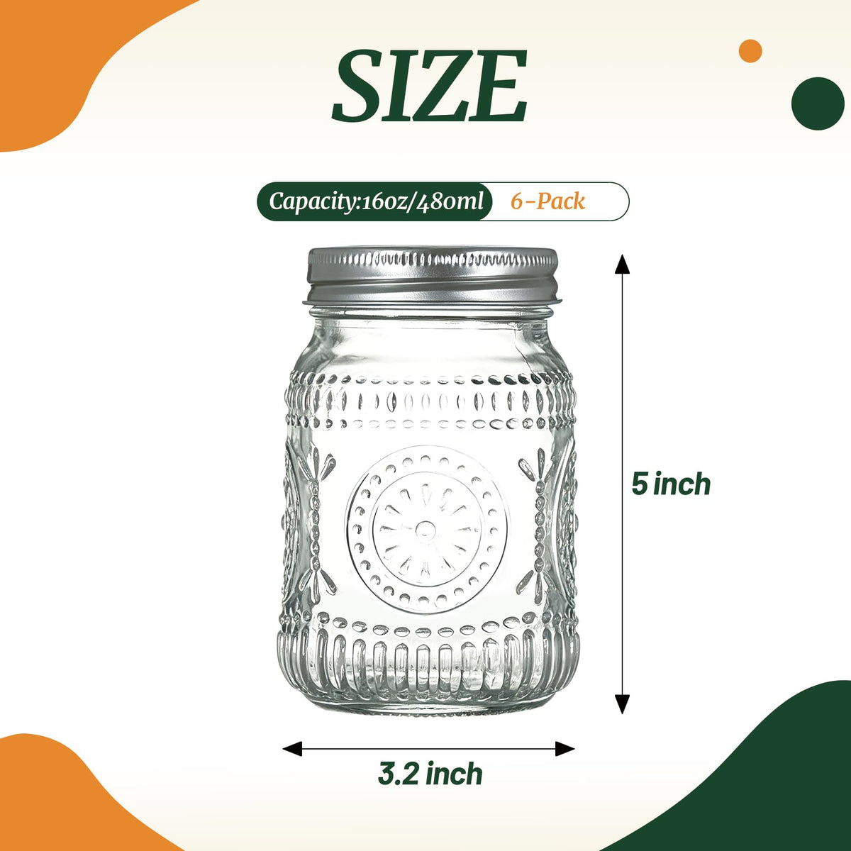 6-Pack Glass Mason Jars 16 oz Wide Mouth Canning Jars Z370