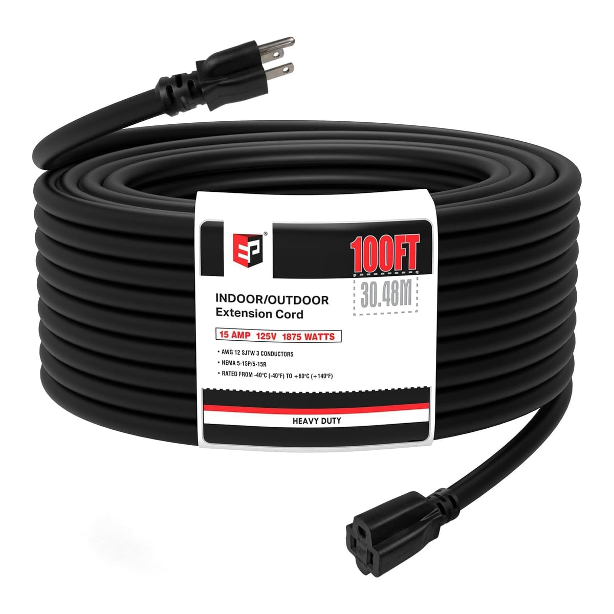 100 Ft Heavy Duty Outdoor Extension Cord, 12/3 SJTW Black 3-Prong F125