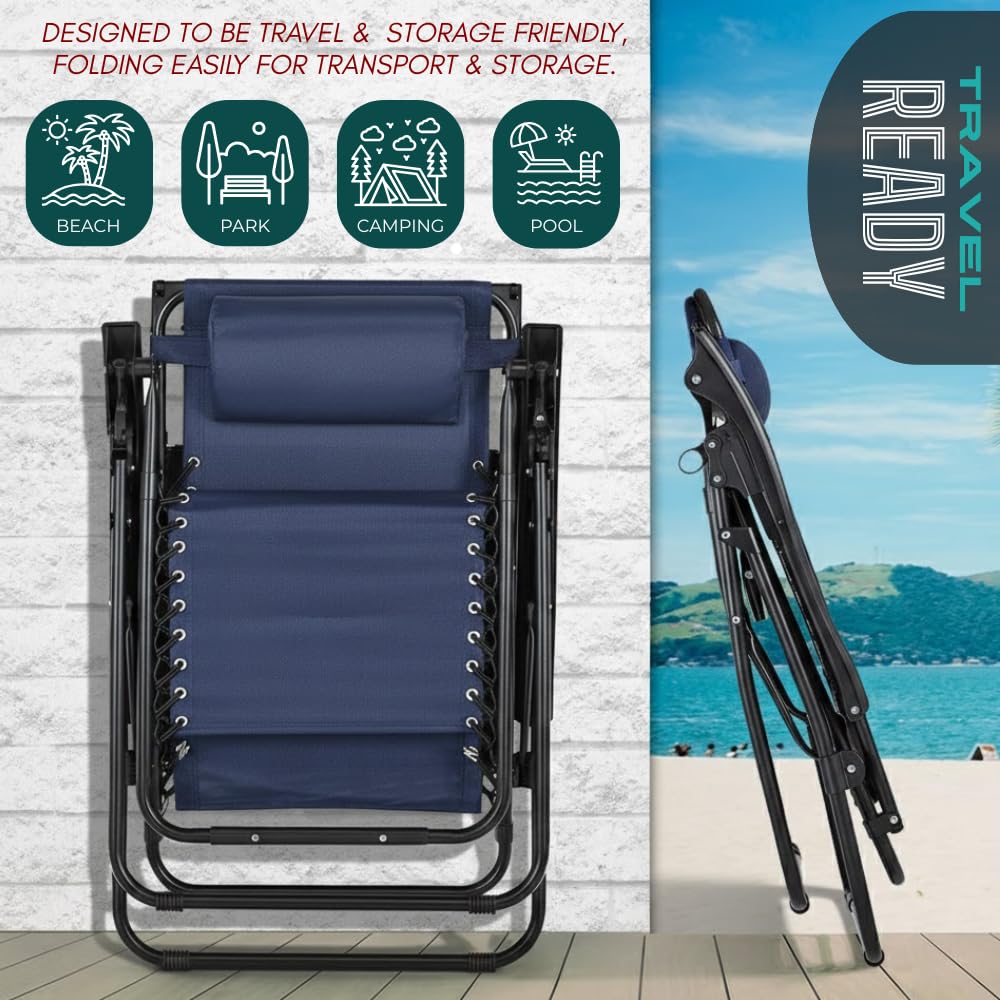 NavyBlue Adjustable Folding Zero Gravity Lounge Chair with Pillow and Cup Holder F5366