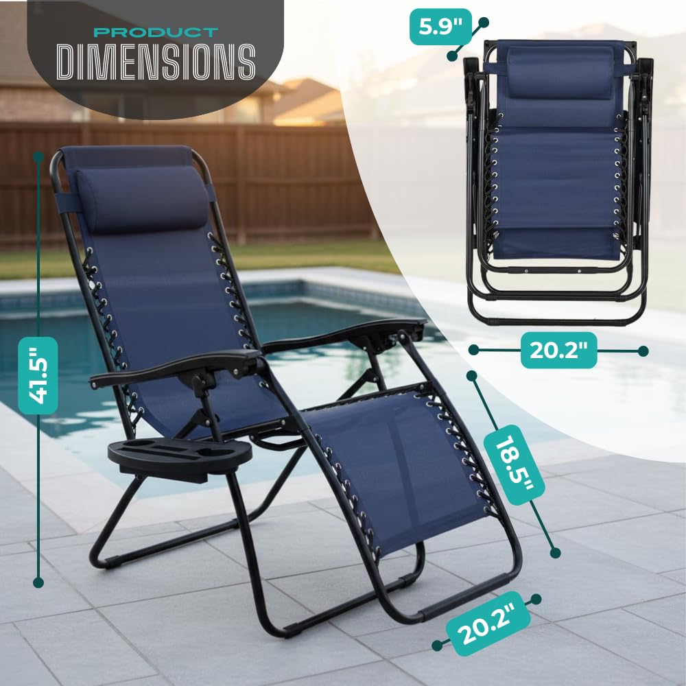 NavyBlue Adjustable Folding Zero Gravity Lounge Chair with Pillow and Cup Holder F5366