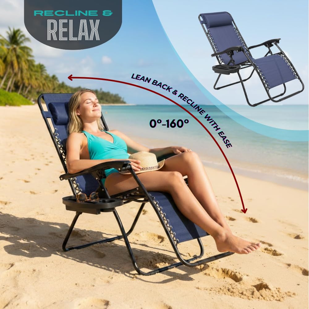 NavyBlue Adjustable Folding Zero Gravity Lounge Chair with Pillow and Cup Holder F5366