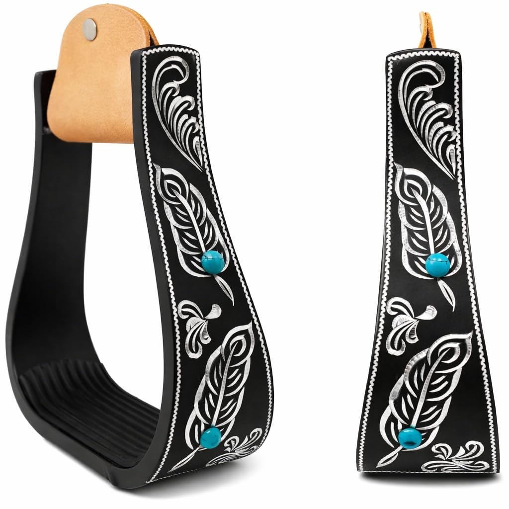 Black Aluminum Engraved Horse Saddle Stirrups O929