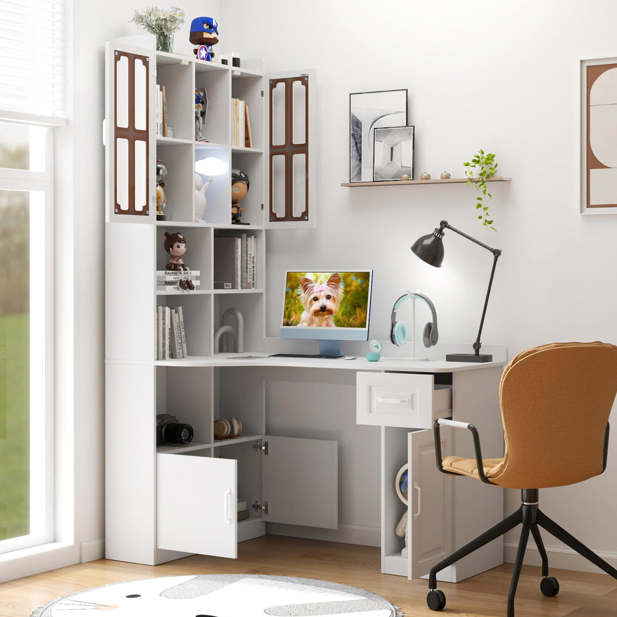 White L Shaped Corner Computer Desk with Bookshelf and Drawer V61560