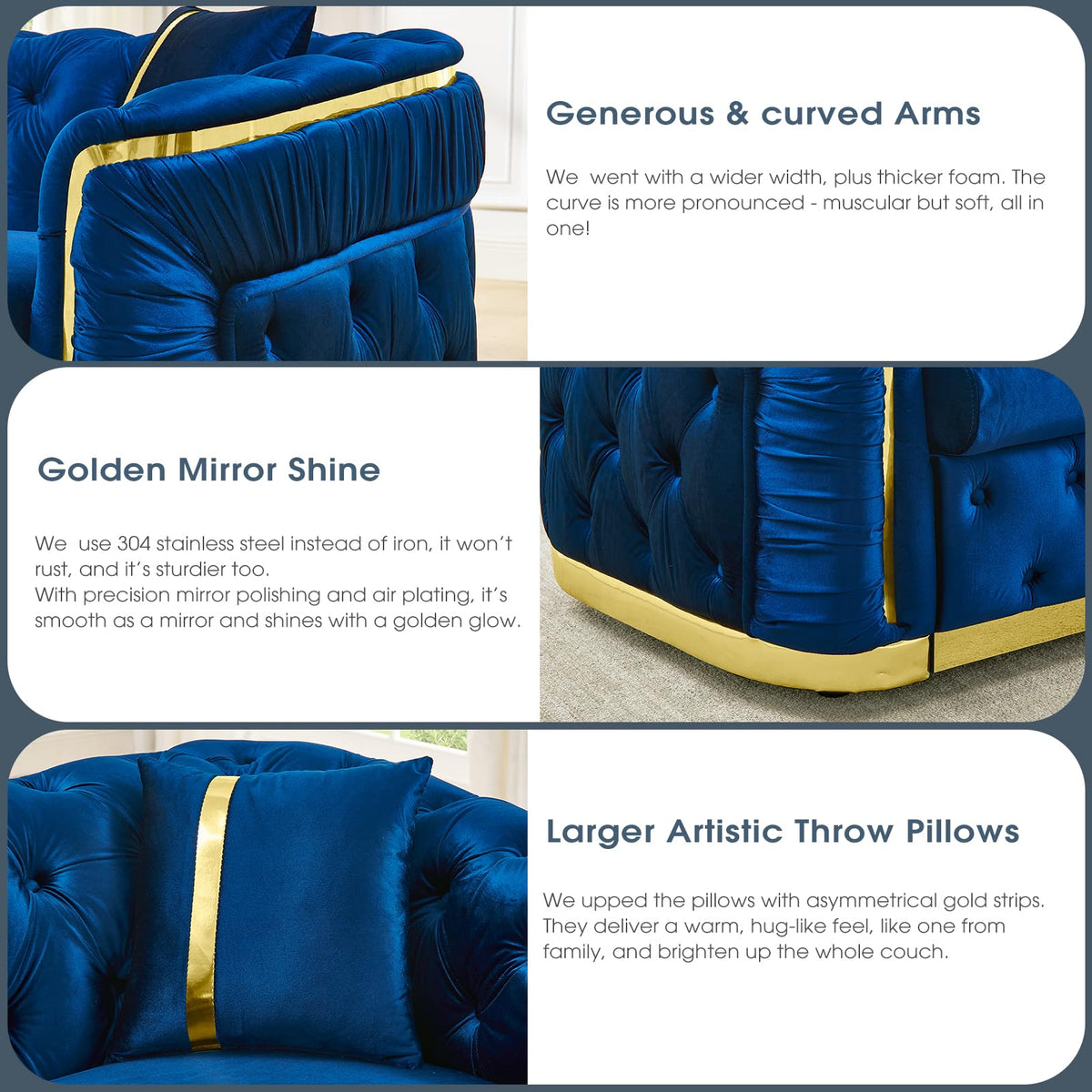 Blue and Gold Velvet Button Tufted Loveseat Sofa J8415