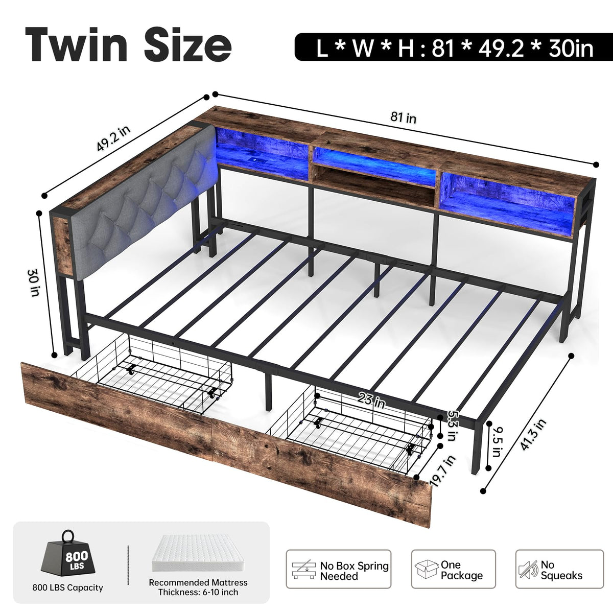 Twin Size Corner Bed Frame with Storage Bookcase X2226