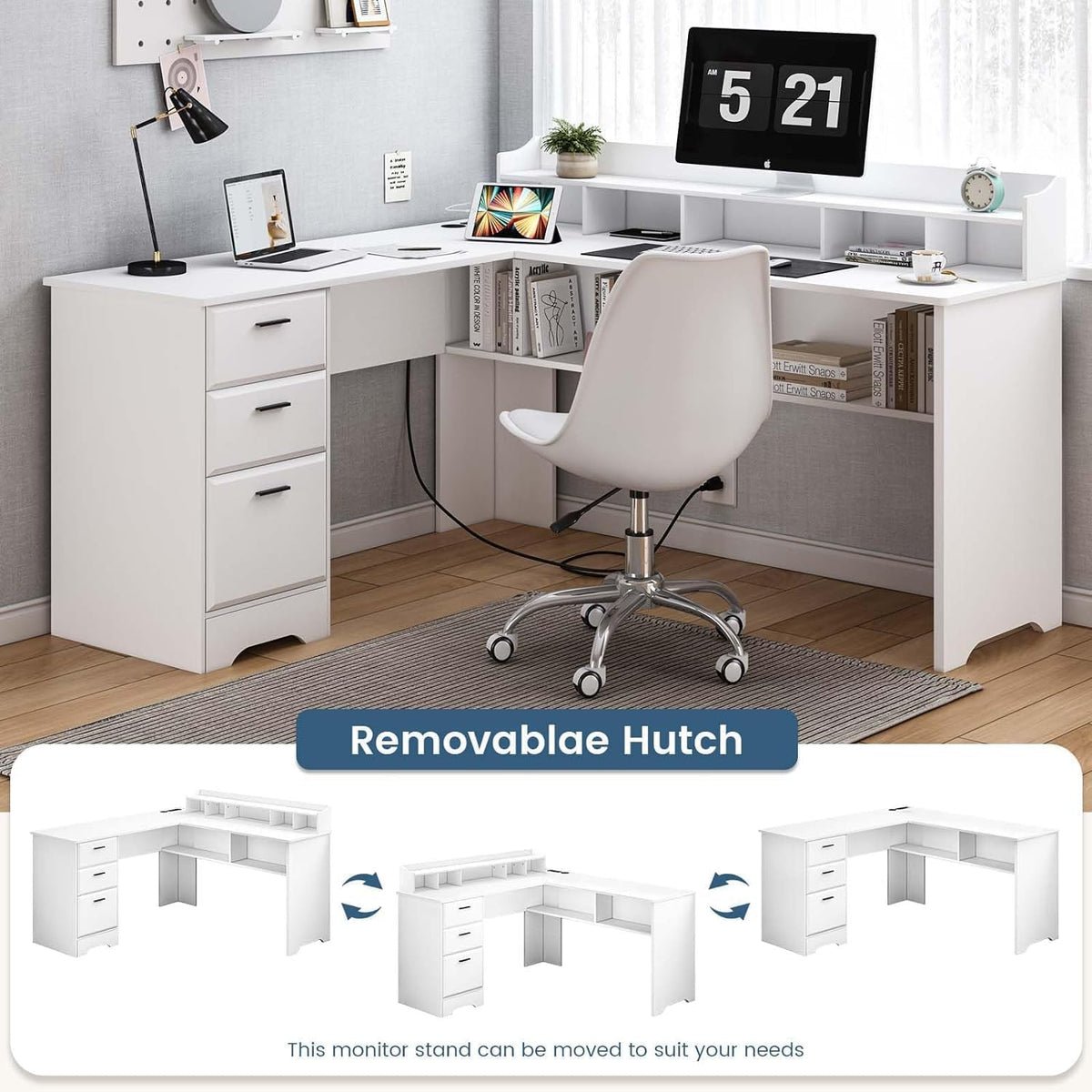 60" White L Shaped Desk with File Drawers I2730