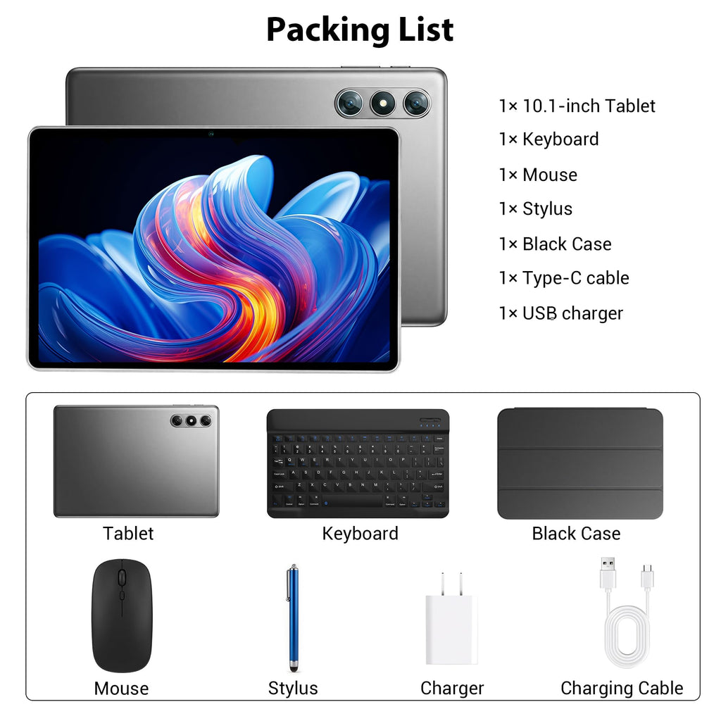 10.1" Android 16 Tablet with Keyboard, 30GB RAM 64GB ROM, Gray B648