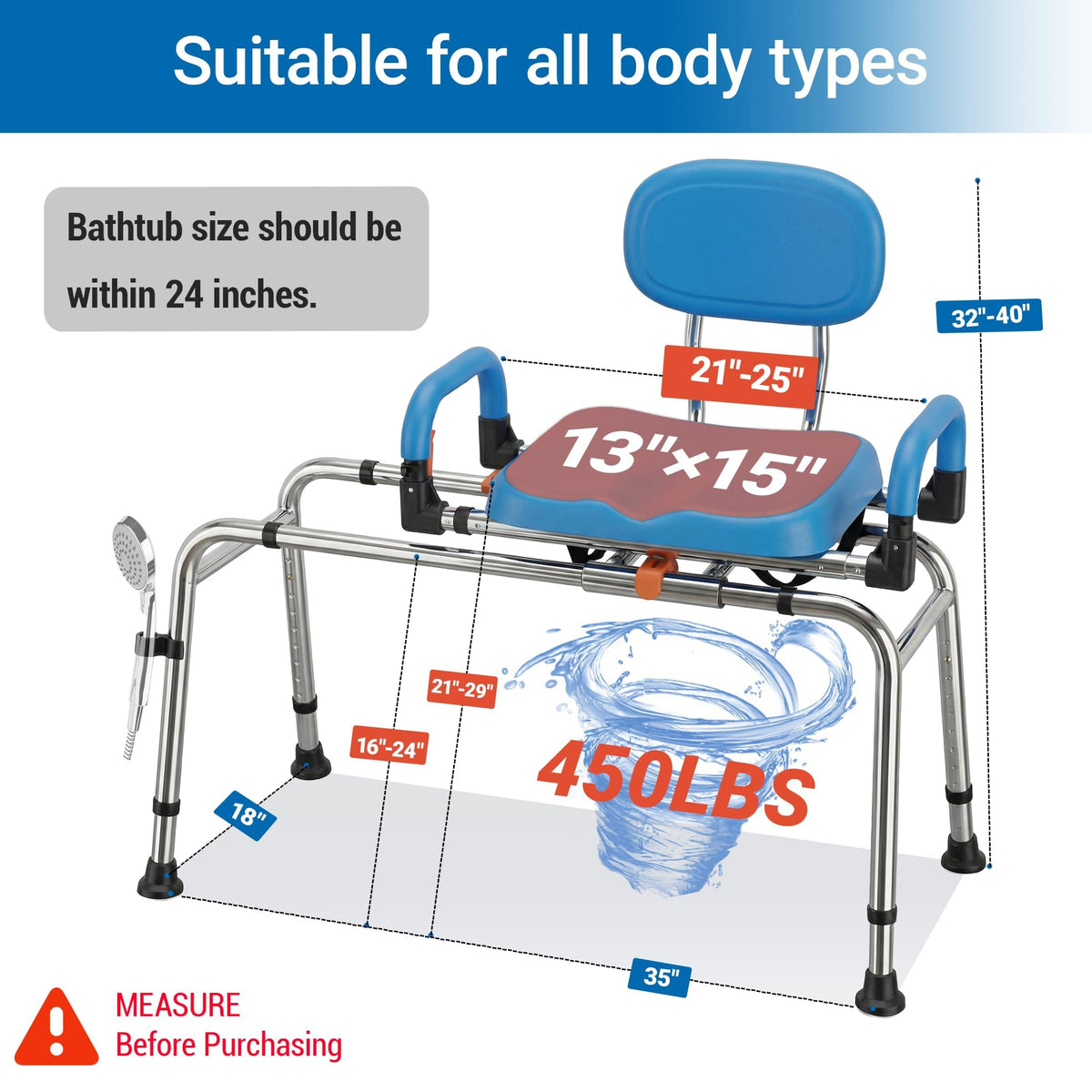 Sliding Shower Chair Tub Transfer Bench with 360° Swivel Seat Q5324