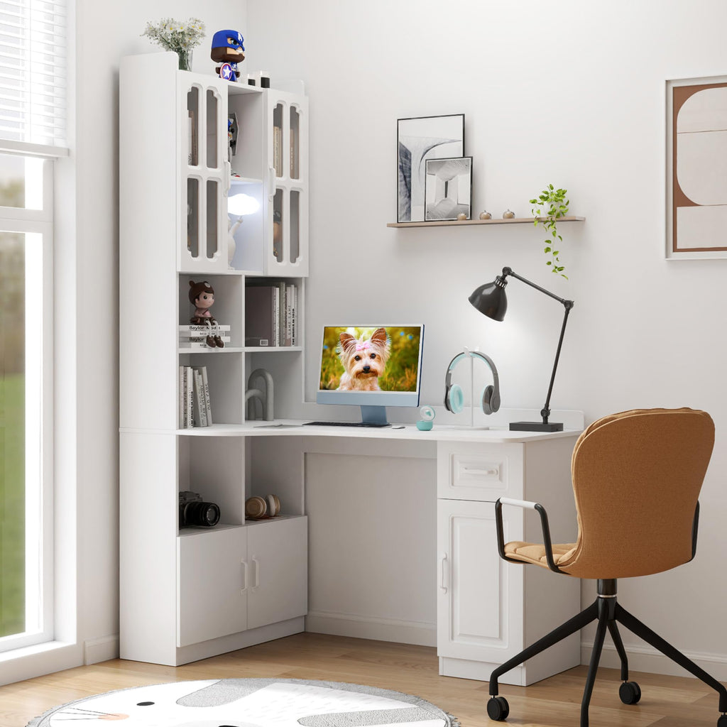 White L Shaped Corner Computer Desk with Bookshelf and Drawer V61560