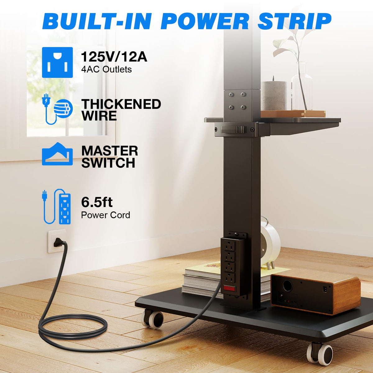 Black Mobile TV Stand 32-75 Inch with Power Outlet and Shelf G7553