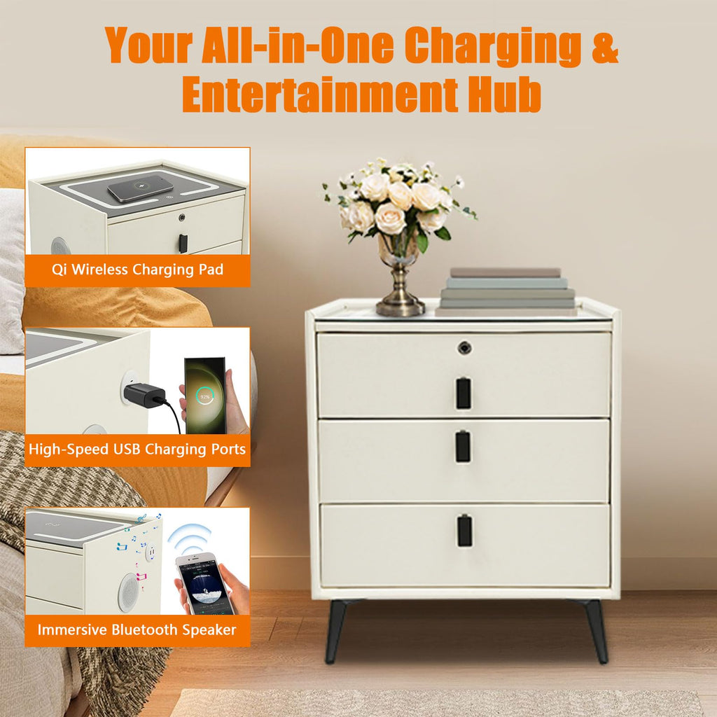 Beige White Smart LED Nightstand with USB Charging E445