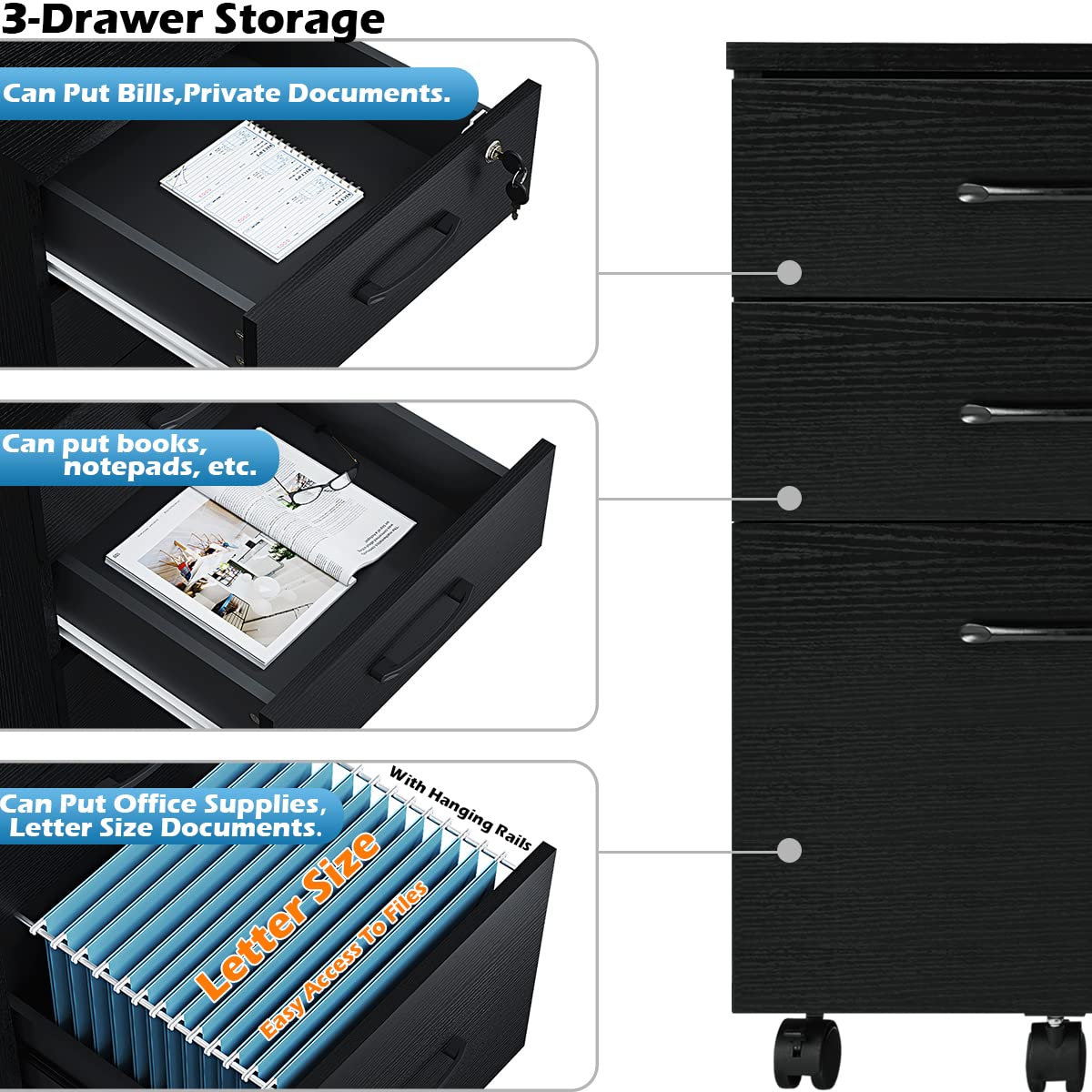 3 Drawer Wood Mobile File Cabinet G7470