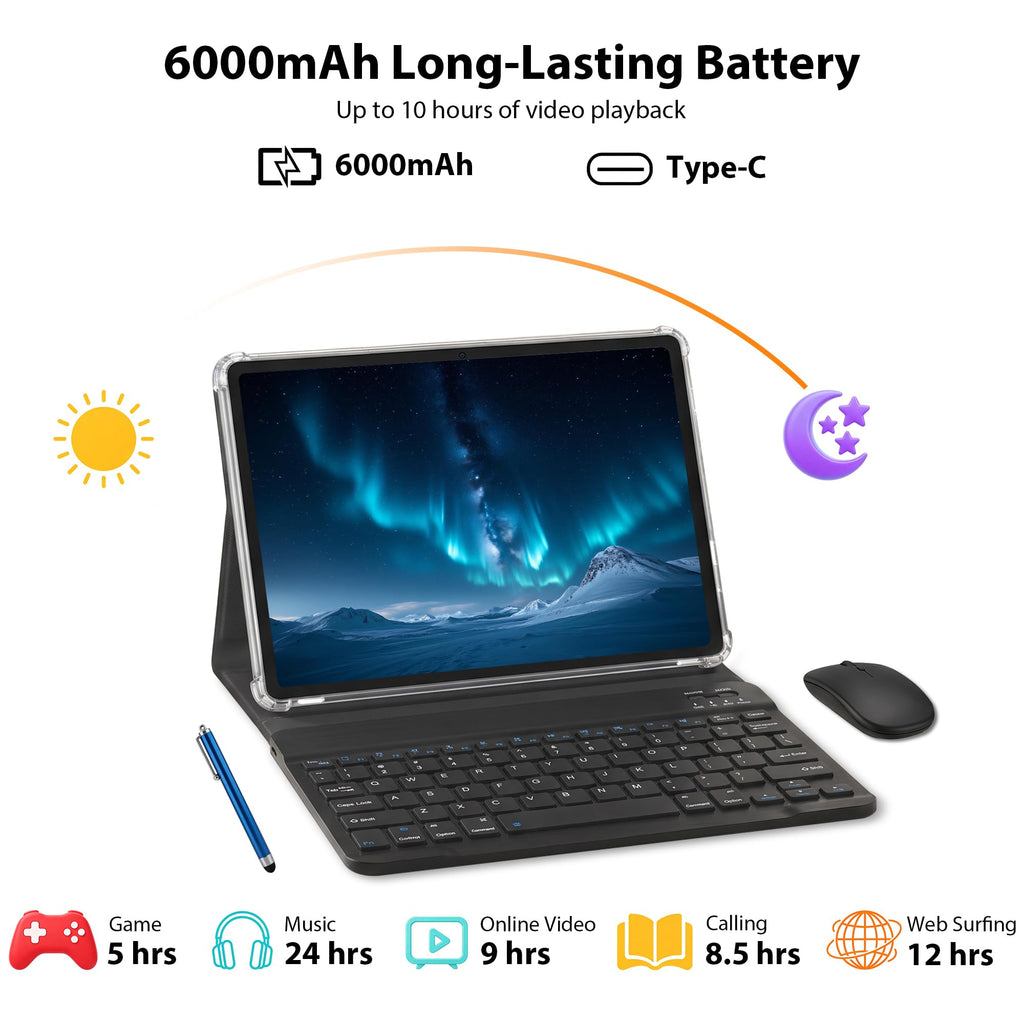 10.1" Android 16 Tablet with Keyboard, 30GB RAM 64GB ROM, Gray B648