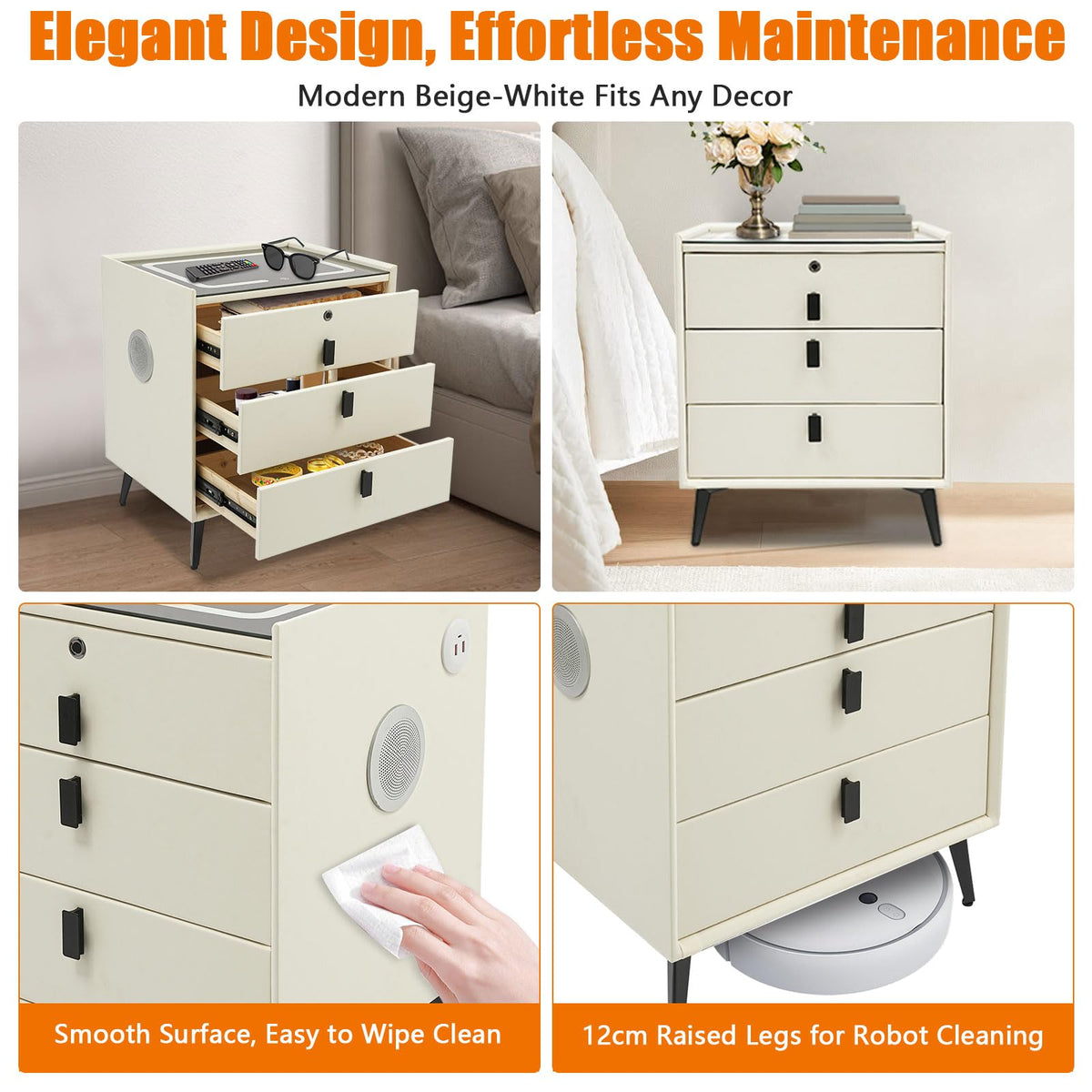 Beige White Smart LED Nightstand with USB Charging E445