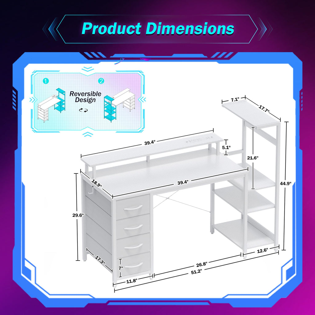51 Inch White Gaming Desk with Drawers M55758