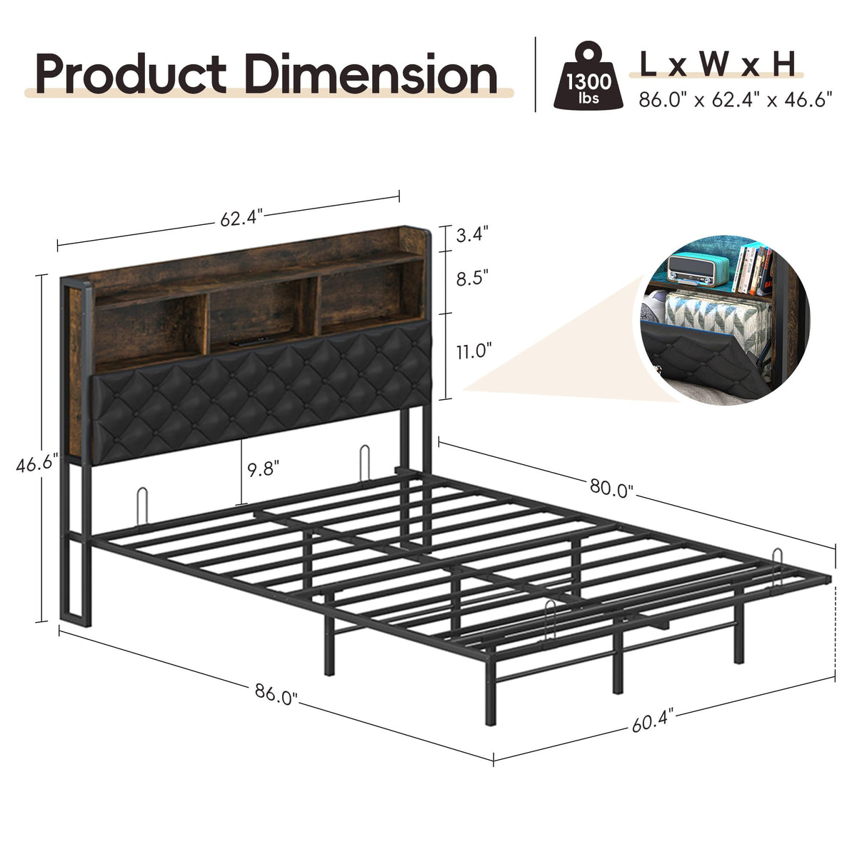 Queen Size Metal Platform Bed with Storage Bookcase Headboard V55842