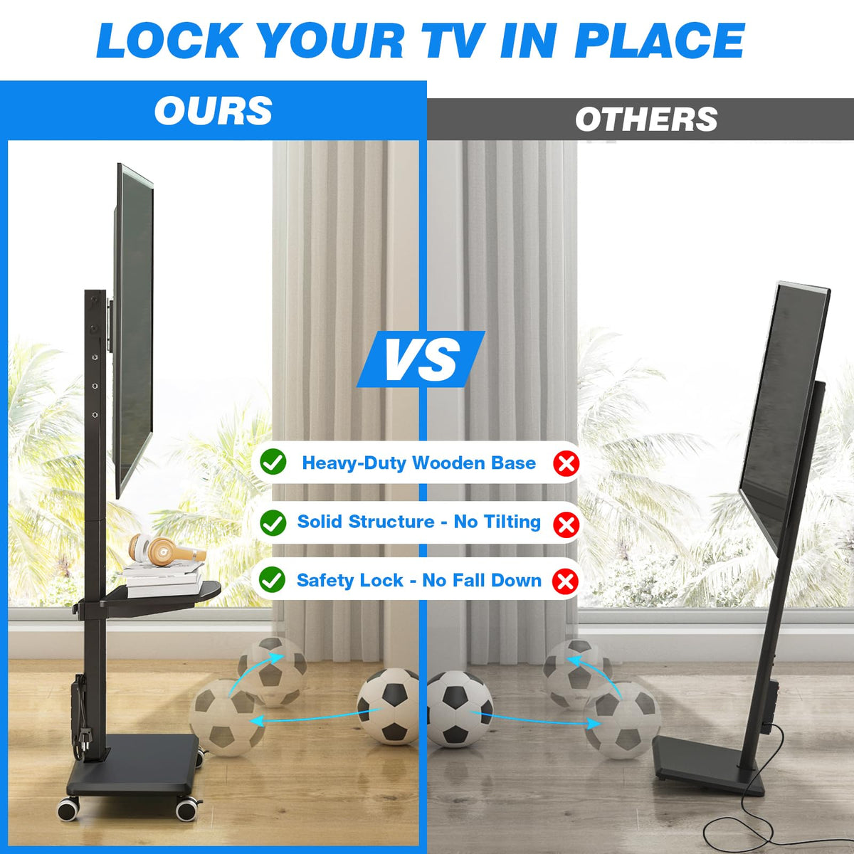 Black Mobile TV Stand 32-75 Inch with Power Outlet and Shelf G7553