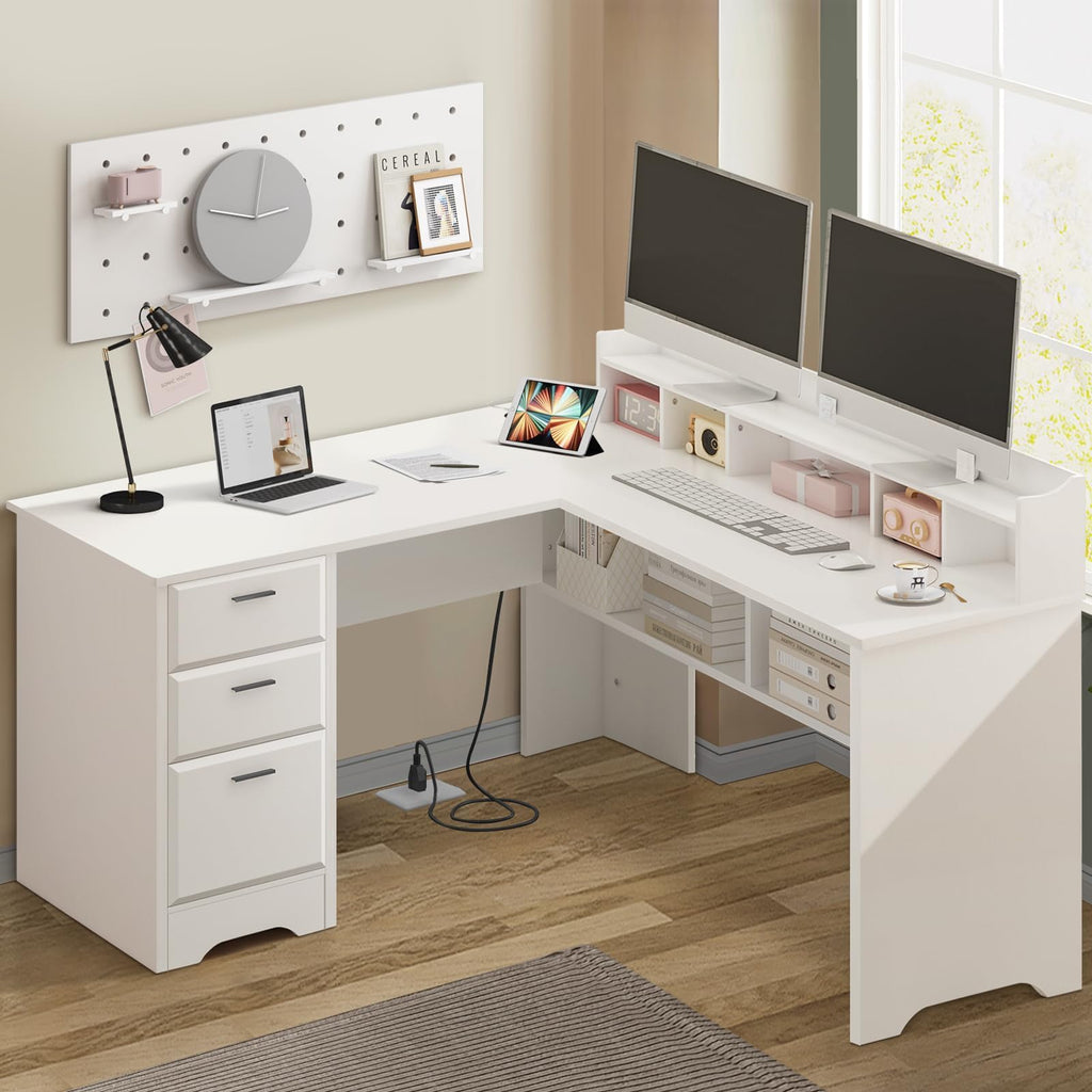 60" White L Shaped Desk with File Drawers I2730