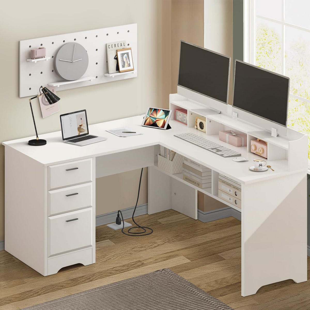 60" White L Shaped Desk with File Drawers I2730