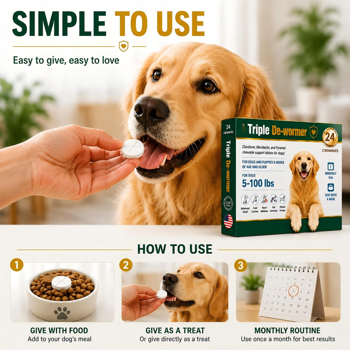Broad Spectrum Dog Dewormer Tablets with Pyrantel Pamoate, 24 Tablets Y17629