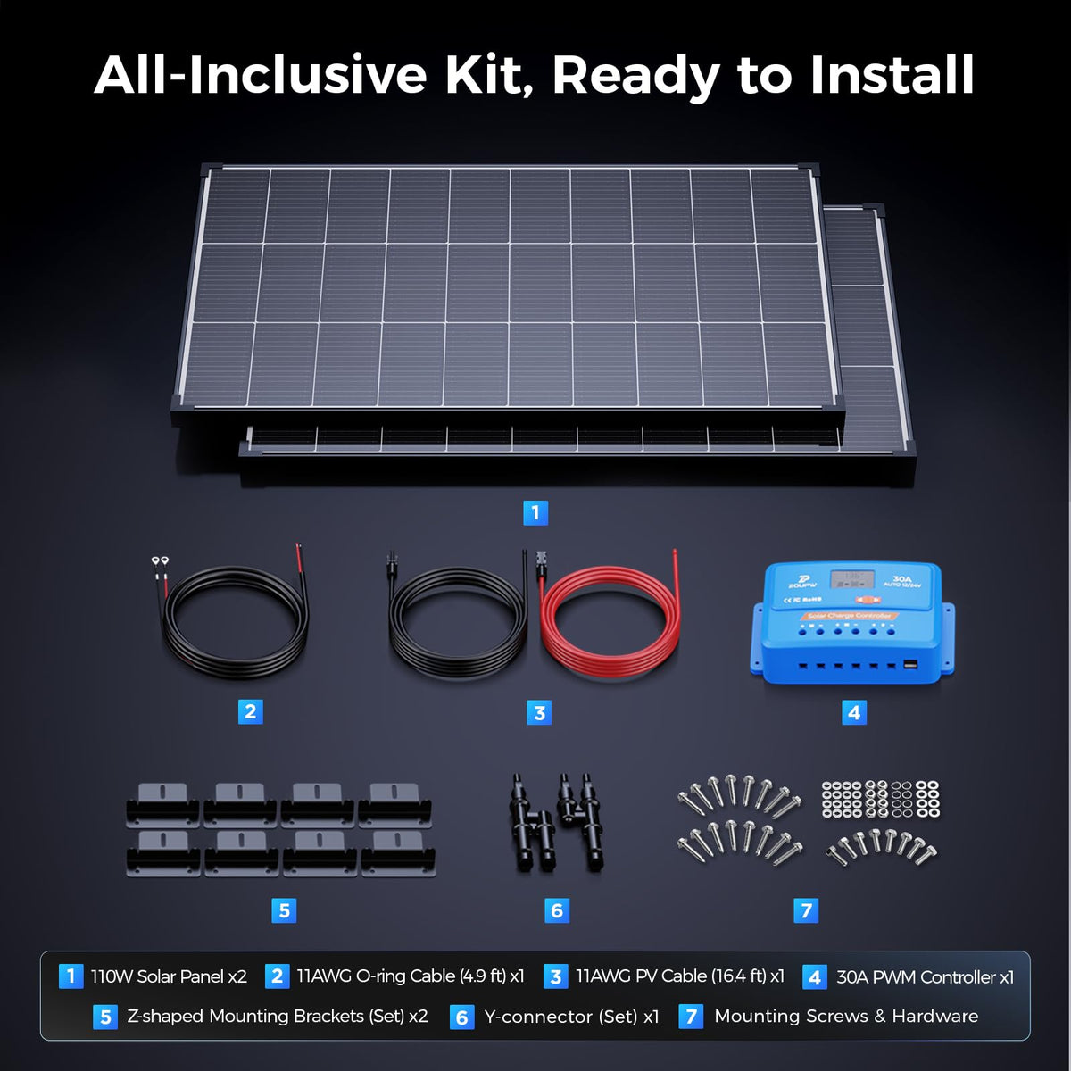 220 Watt Monocrystalline Solar Panel Kit with 30A PWM Charge Controller U520869