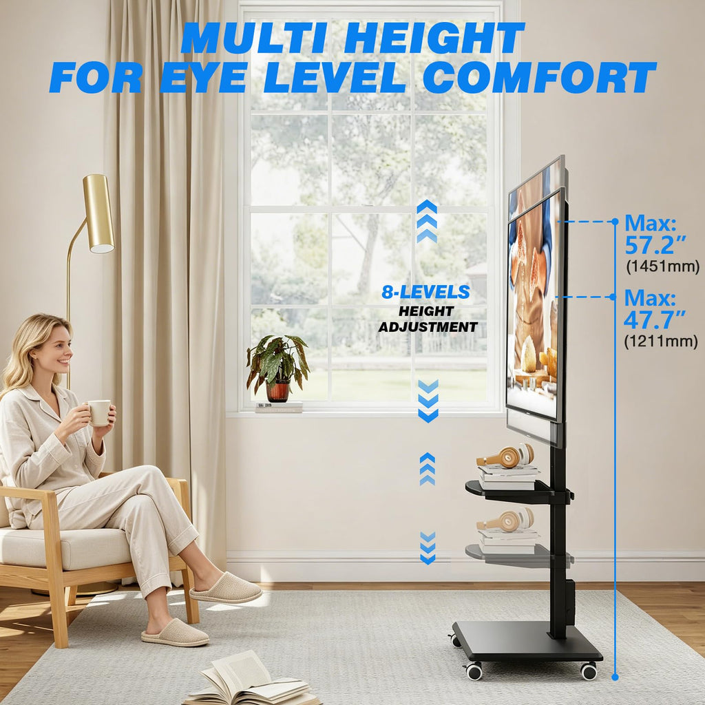 Black Mobile TV Stand 32-75 Inch with Power Outlet and Shelf G7553