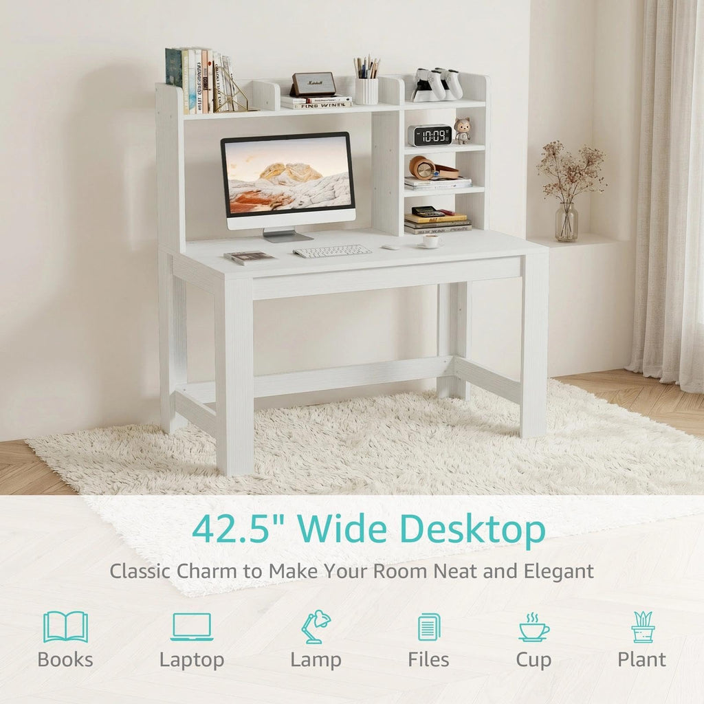White Student Desk with Hutch and Built-in Power Outlet M550