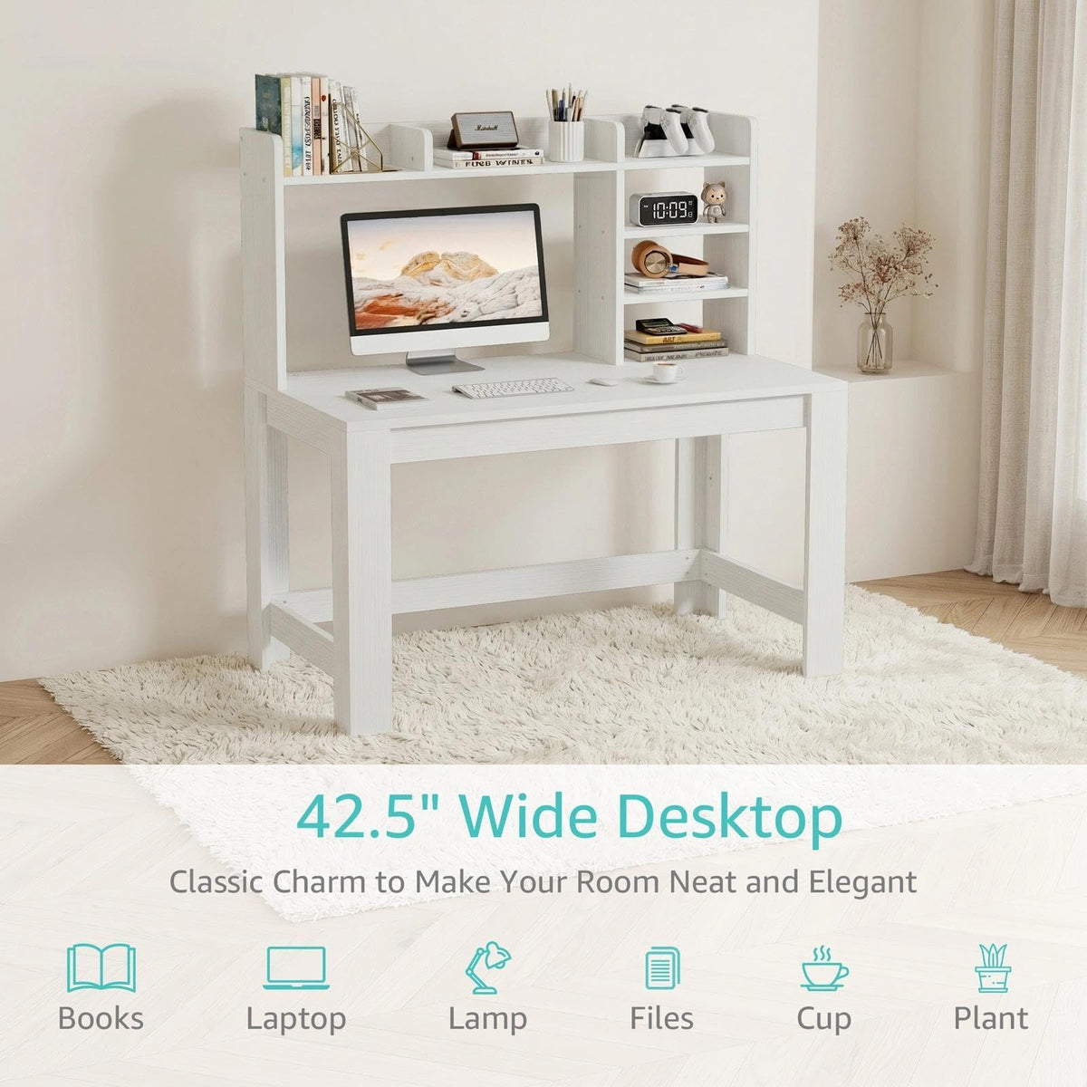 White Student Desk with Hutch and Built-in Power Outlet M550