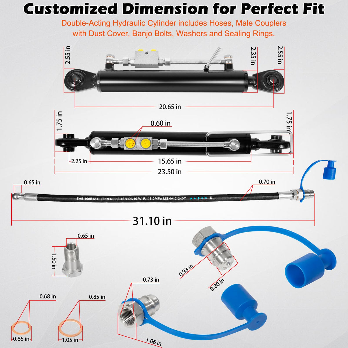Hydraulic Top Link Cat. 1-1 with Locking Block 20 7/8” - 31 7/8” with 2 x Hose, Two-Way Check Valve Hydraulic Cylinder Set Q191