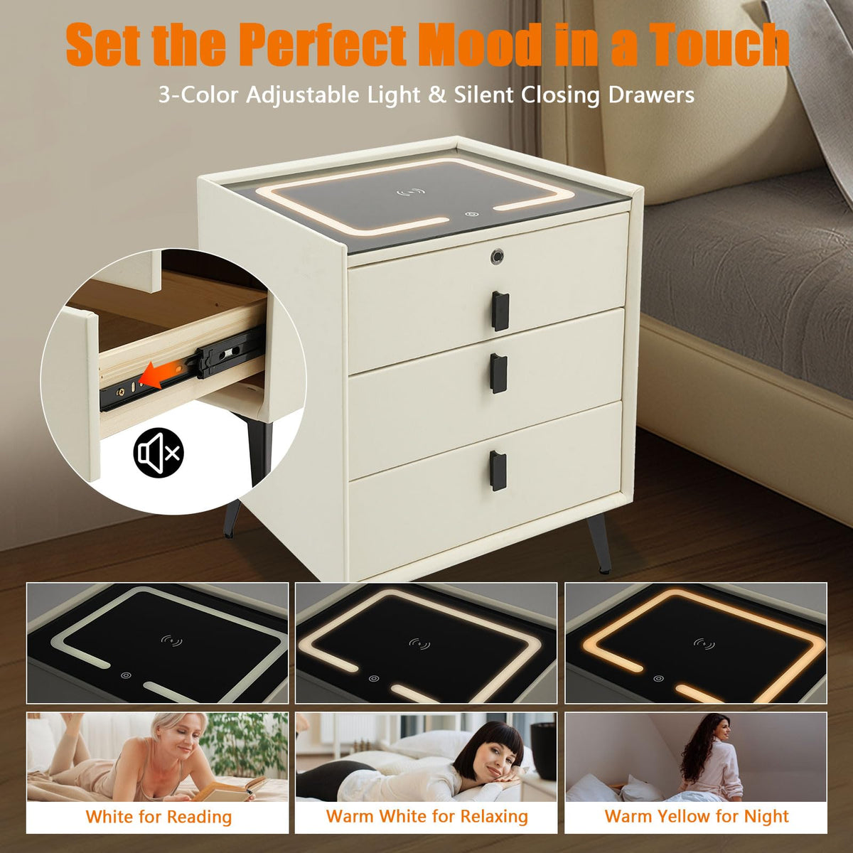 Beige White Smart LED Nightstand with USB Charging E445