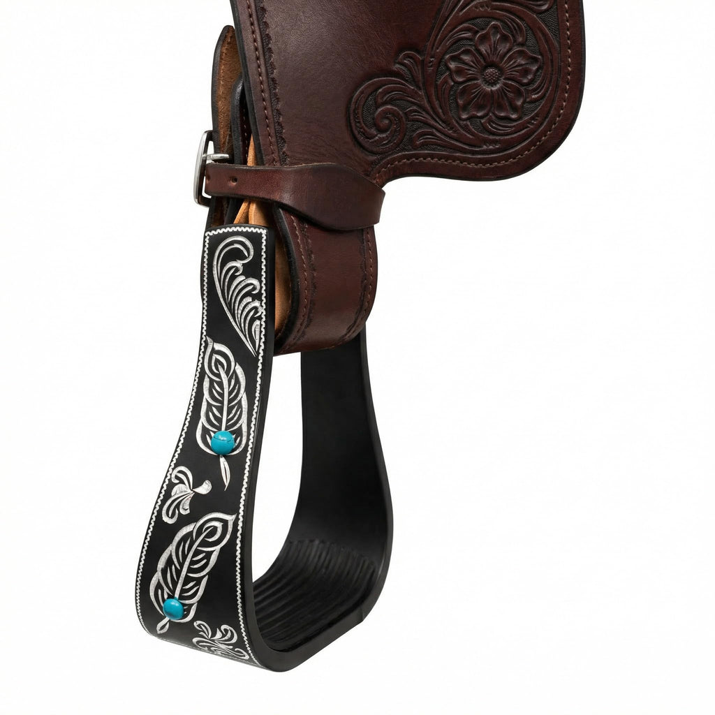 Black Aluminum Engraved Horse Saddle Stirrups O929