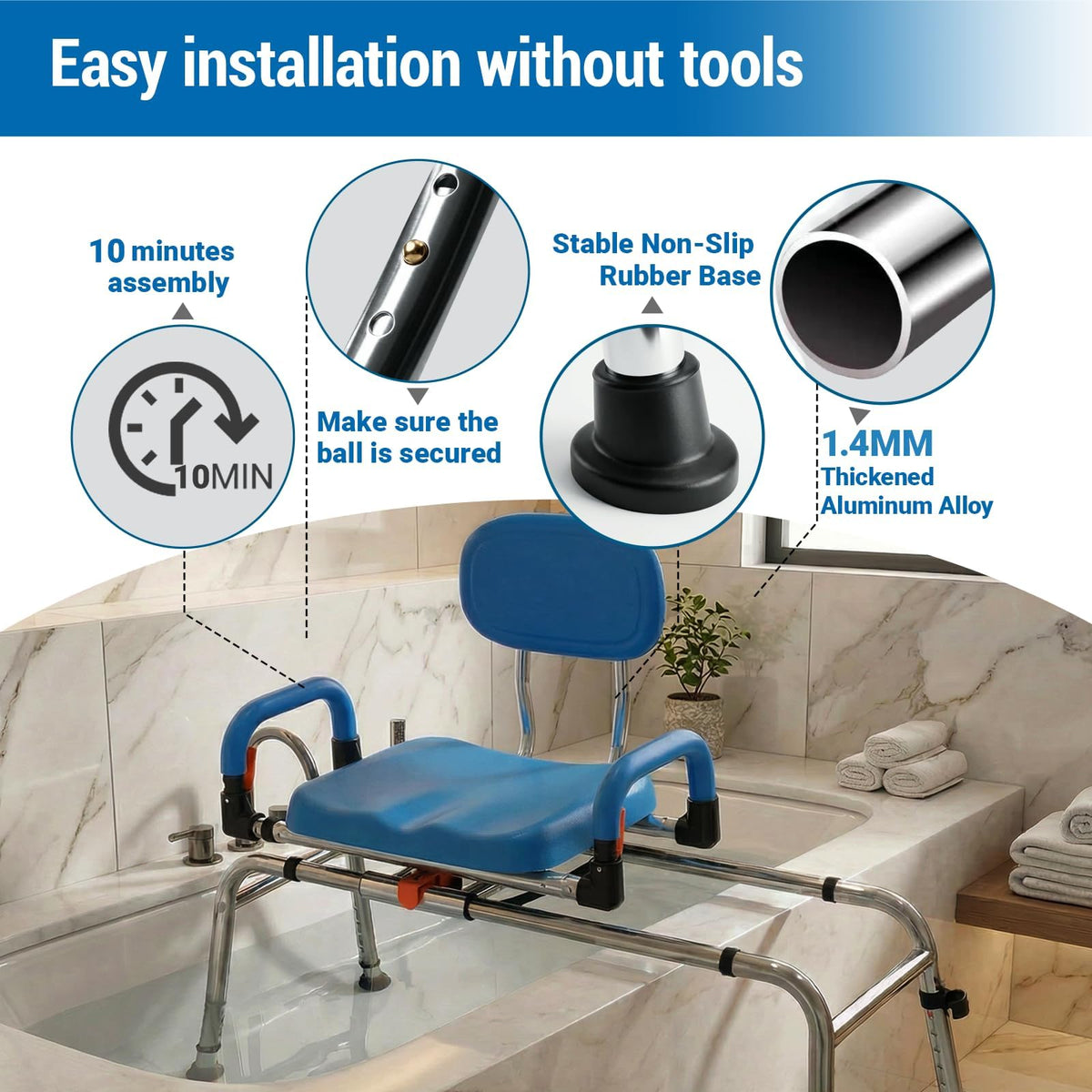 Sliding Shower Chair Tub Transfer Bench with 360° Swivel Seat Q5324