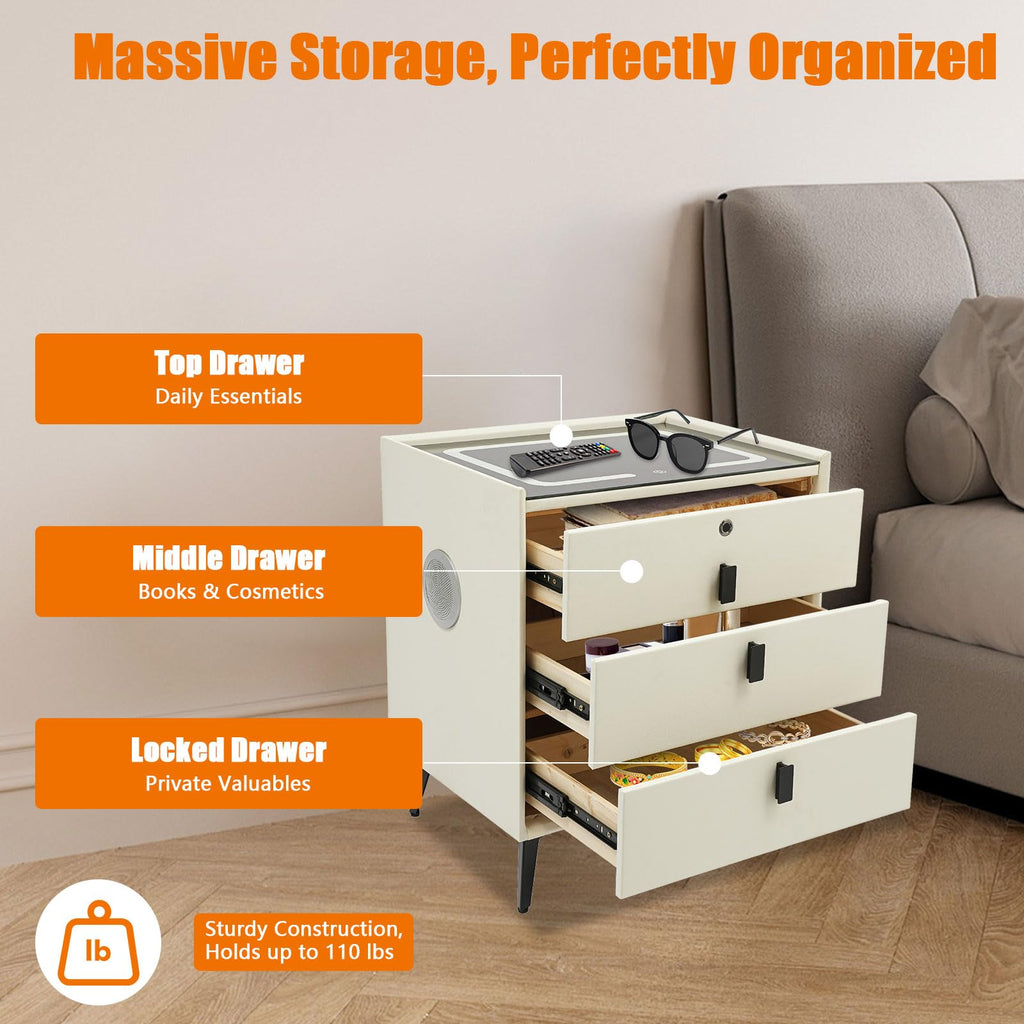 Beige White Smart LED Nightstand with USB Charging E445