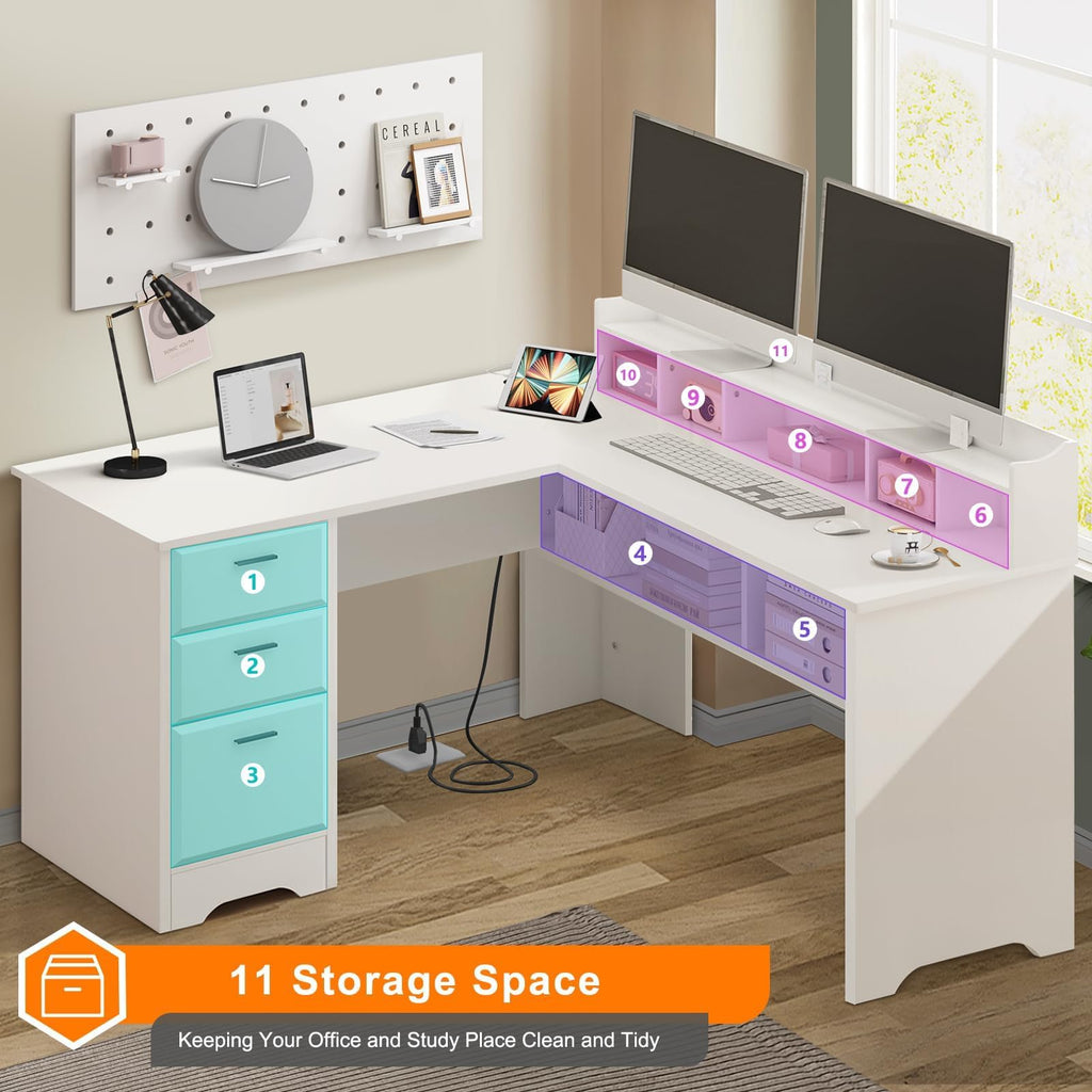 60" White L Shaped Desk with File Drawers I2730