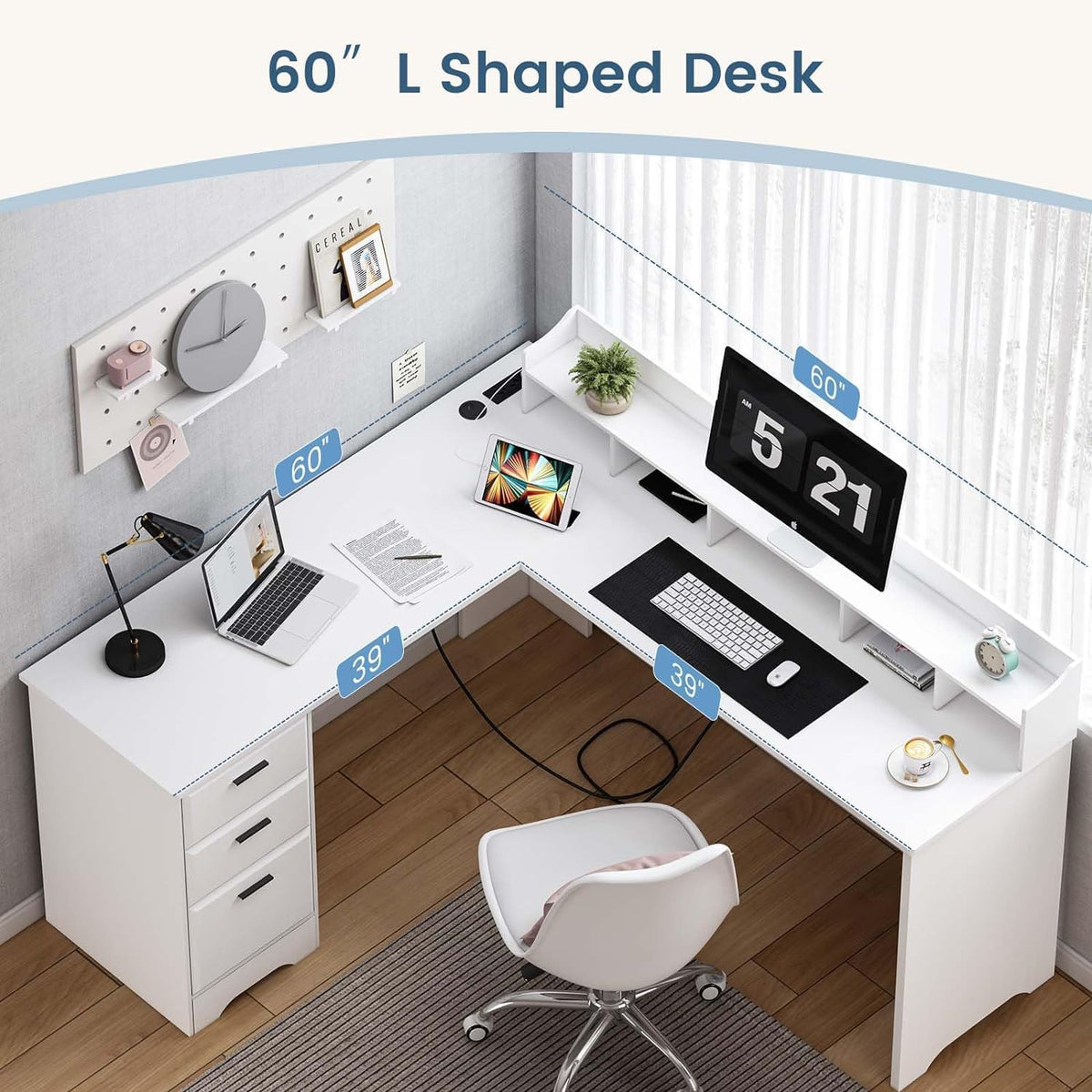 60" White L Shaped Desk with File Drawers I2730