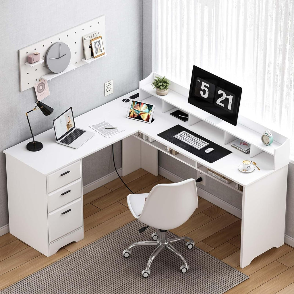 60" White L Shaped Desk with File Drawers I2730