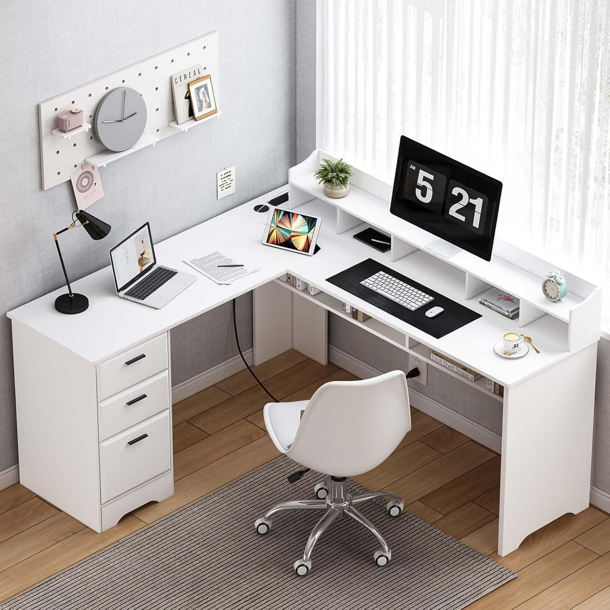 60" White L Shaped Desk with File Drawers I2730