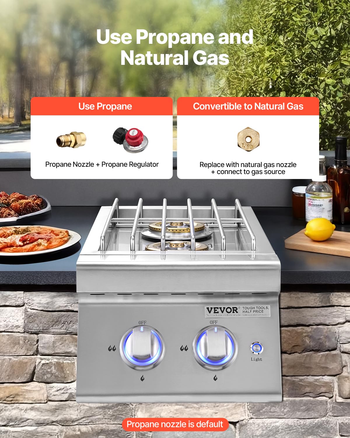 Double Side Burners, 2 x 17,000BTU Liquid Propane, Convertible to Natural Gas, 304 Stainless Steel Built-in G8983