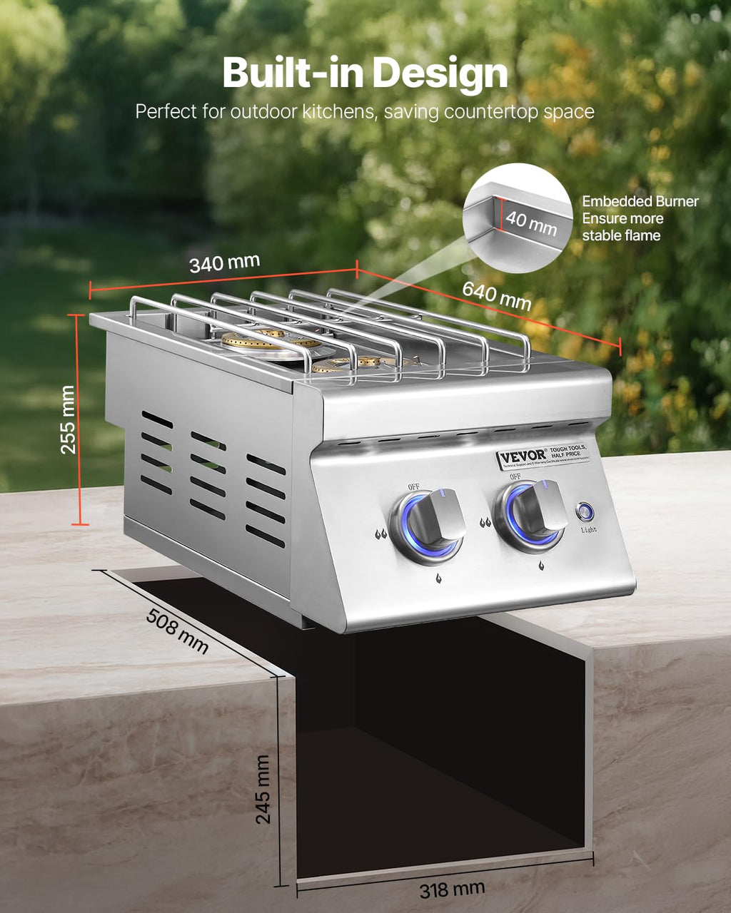 Double Side Burners, 2 x 17,000BTU Liquid Propane, Convertible to Natural Gas, 304 Stainless Steel Built-in G8983